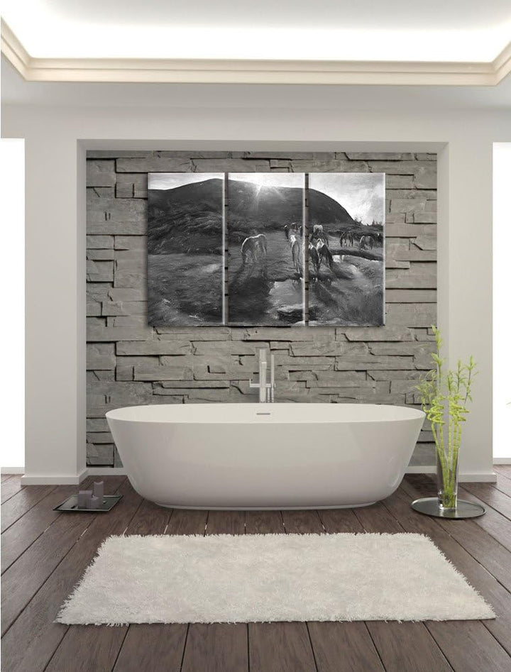 Pixxprint Wildpferde auf Wiese als Leinwandbild/Grösse: 3 Teilig (120x80) cm/Wandbild/Kunstdruck/fer