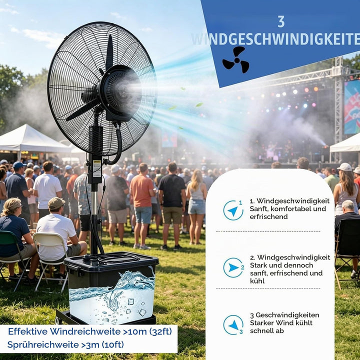 Ventilator für innen und aussen mit Sprühsystem, Nebelventilator Industrie mit 42L Wassertank, 3 Ges