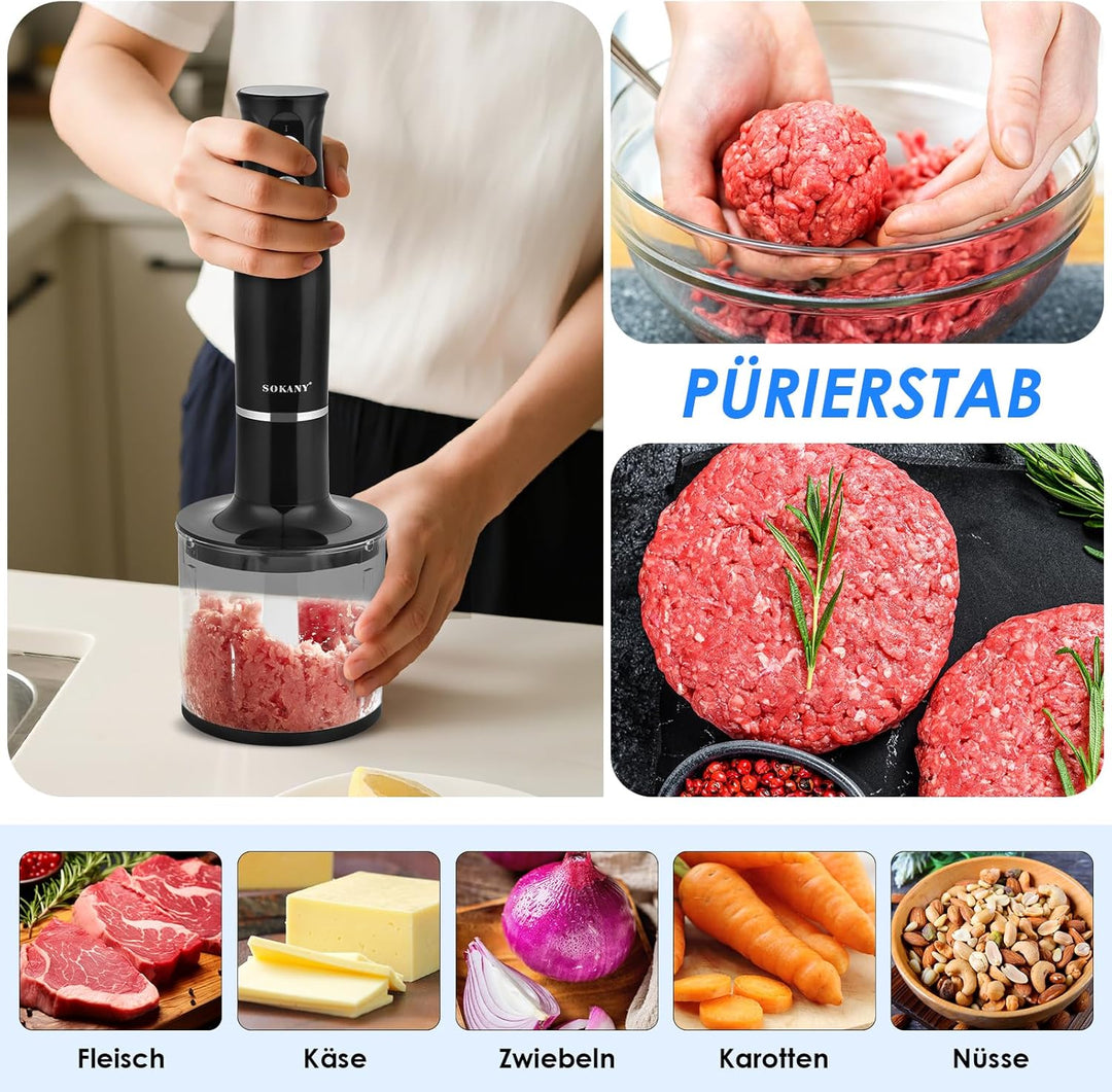 4-In-1 Elektrische Stabmixer, 500 W Pürierstab mit 2 Geschwindigkeiten, Stabmixer Edelstahl Schneebe