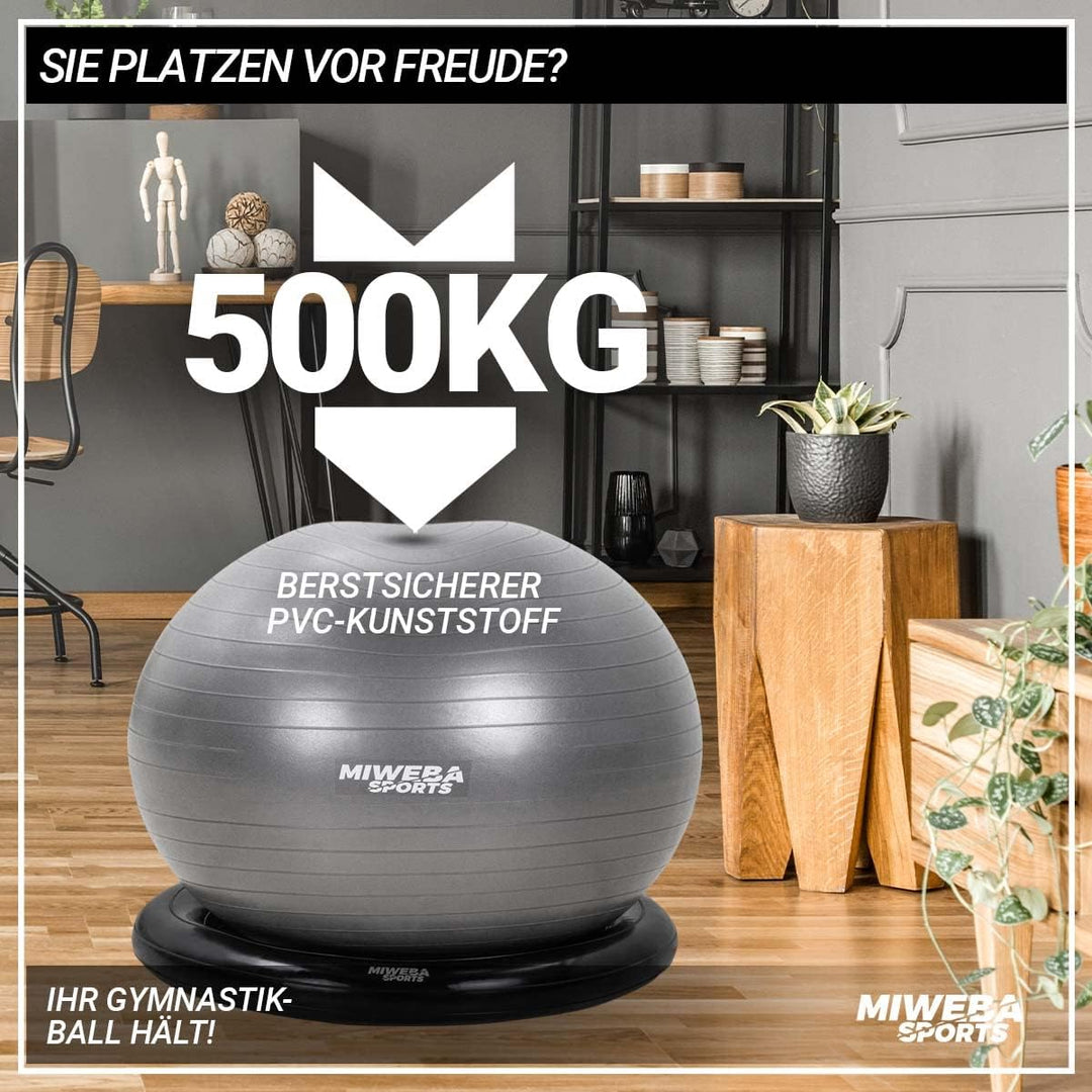 Miweba Sports Gymnastikball | 65 cm ∅ - Traglast 500 kg - Pilates Ball - Pezziball - 4in1 Set inkl B