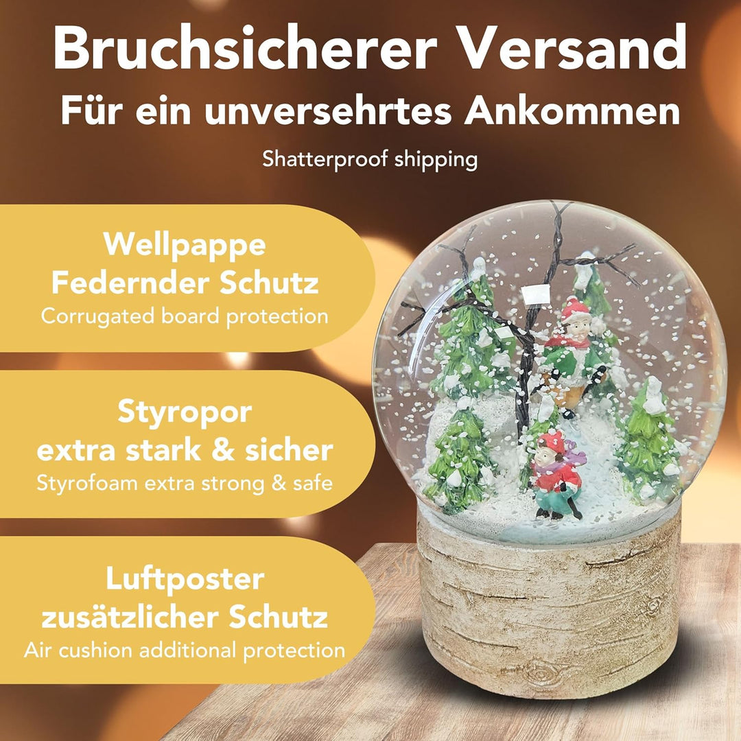 Wintersport-Schneekugel | Skifahrer nostalgisch | Sockel Holz | 100mm breit, 120mm hoch | Bezaubernd