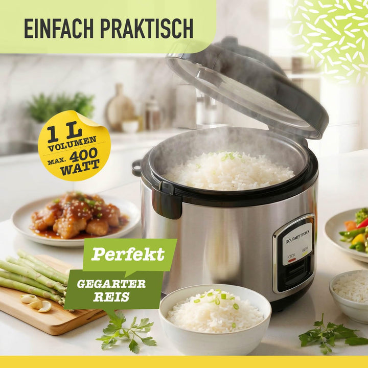 GOURMETmaxx Kompakt-Reiskocher &amp; Dampfgarer, 1L, inkl. Dampfeinsatz, Gartopf, Reislöffel &amp; Messbeche
