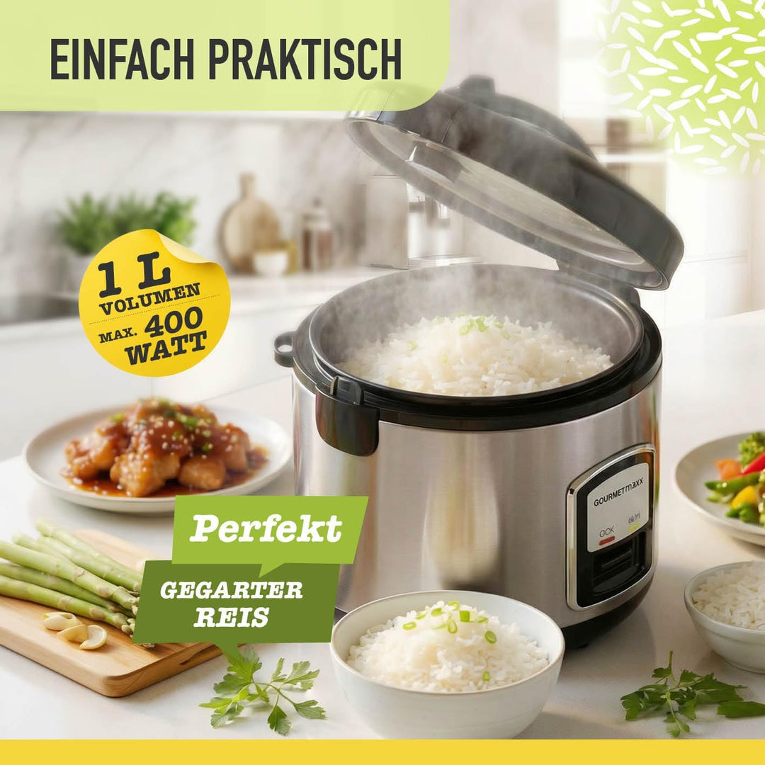 GOURMETmaxx Kompakt-Reiskocher &amp; Dampfgarer, 1L, inkl. Dampfeinsatz, Gartopf, Reislöffel &amp; Messbeche