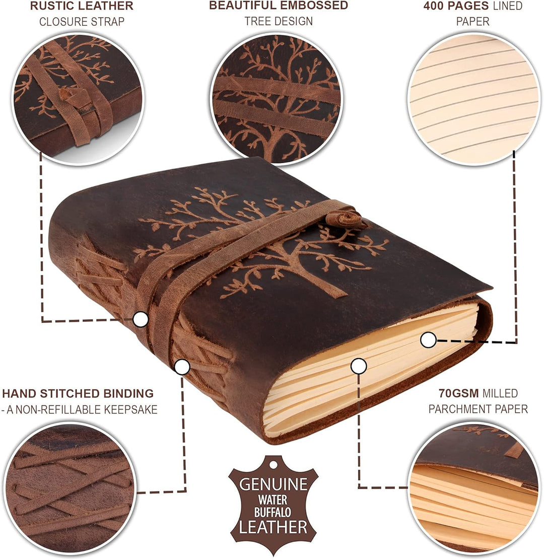 moonster Leder Notizbuch Tree of Life - 400 Kraftpapier Seiten Mittelbreit Liniertes Notizbuch Leder