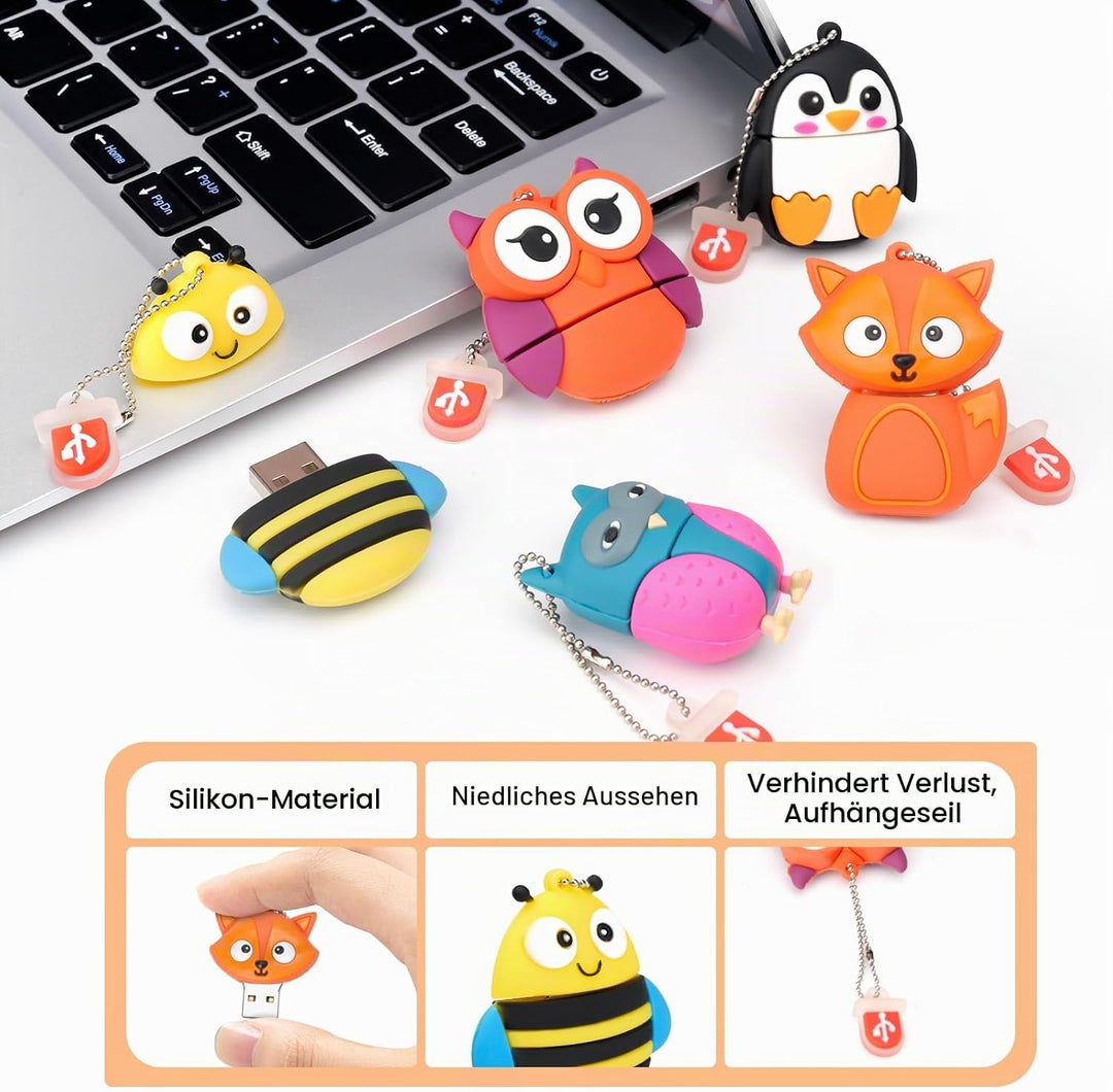5 Stück 16GB USB-Stick, BorlterClamp Speicherstick mit Niedlichen Tiermustern, Geschenk für Studente