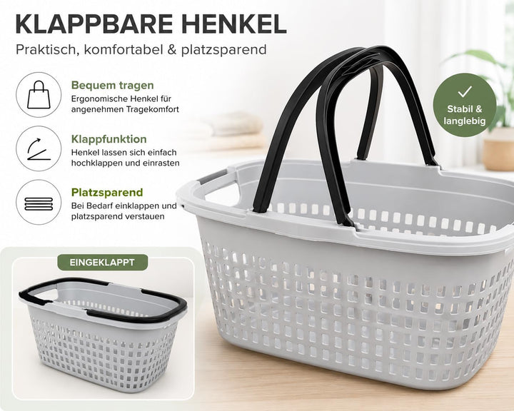 HRB Einkaufskorb mit 2 Henkeln klappbar, Kunststoff, Belüftungslöcher (3, Grau) Grau 3, Grau 3