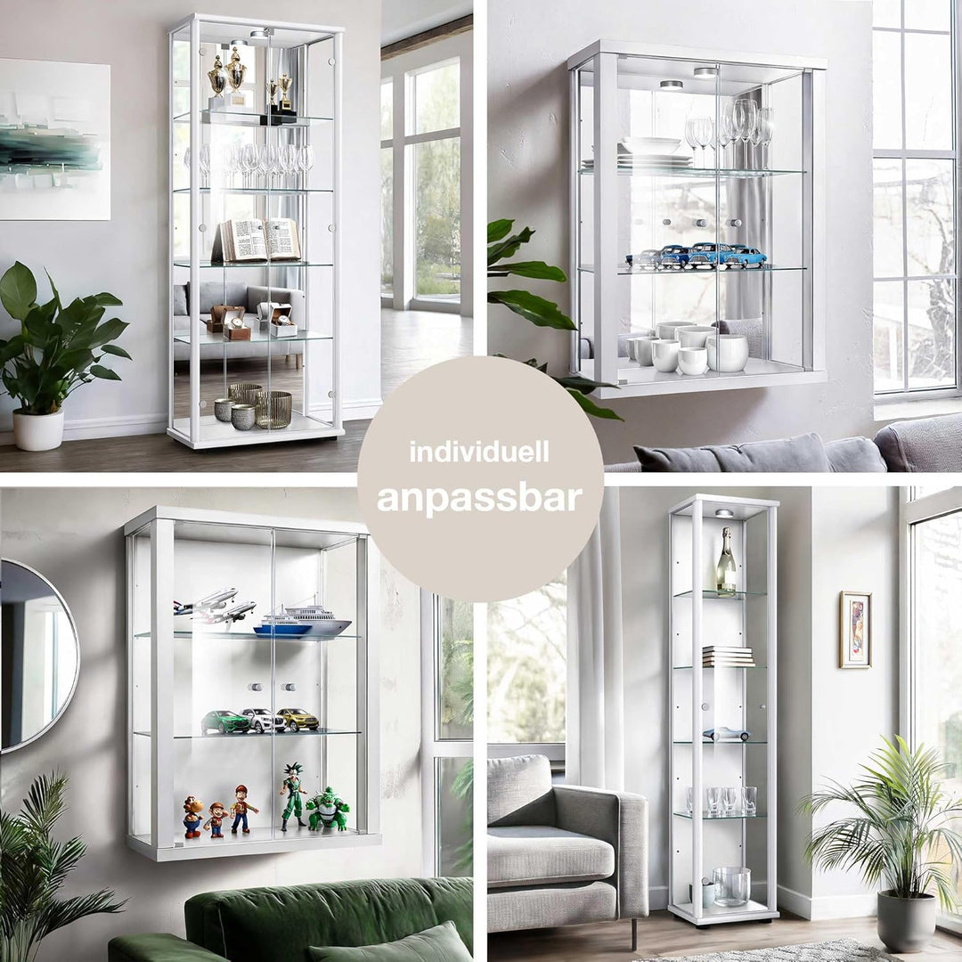 K-Möbel Hängevitrine in Weiss (80x60x25 cm) mit 2 höhenverstellbaren Glasböden & Spiegel - Modellaut