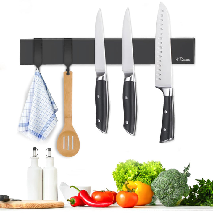 Dmore 25 cm Magnetleiste Messer mit 2 Haken, schwarzer Messerhalter magnetisch ohne Bohren, leistung
