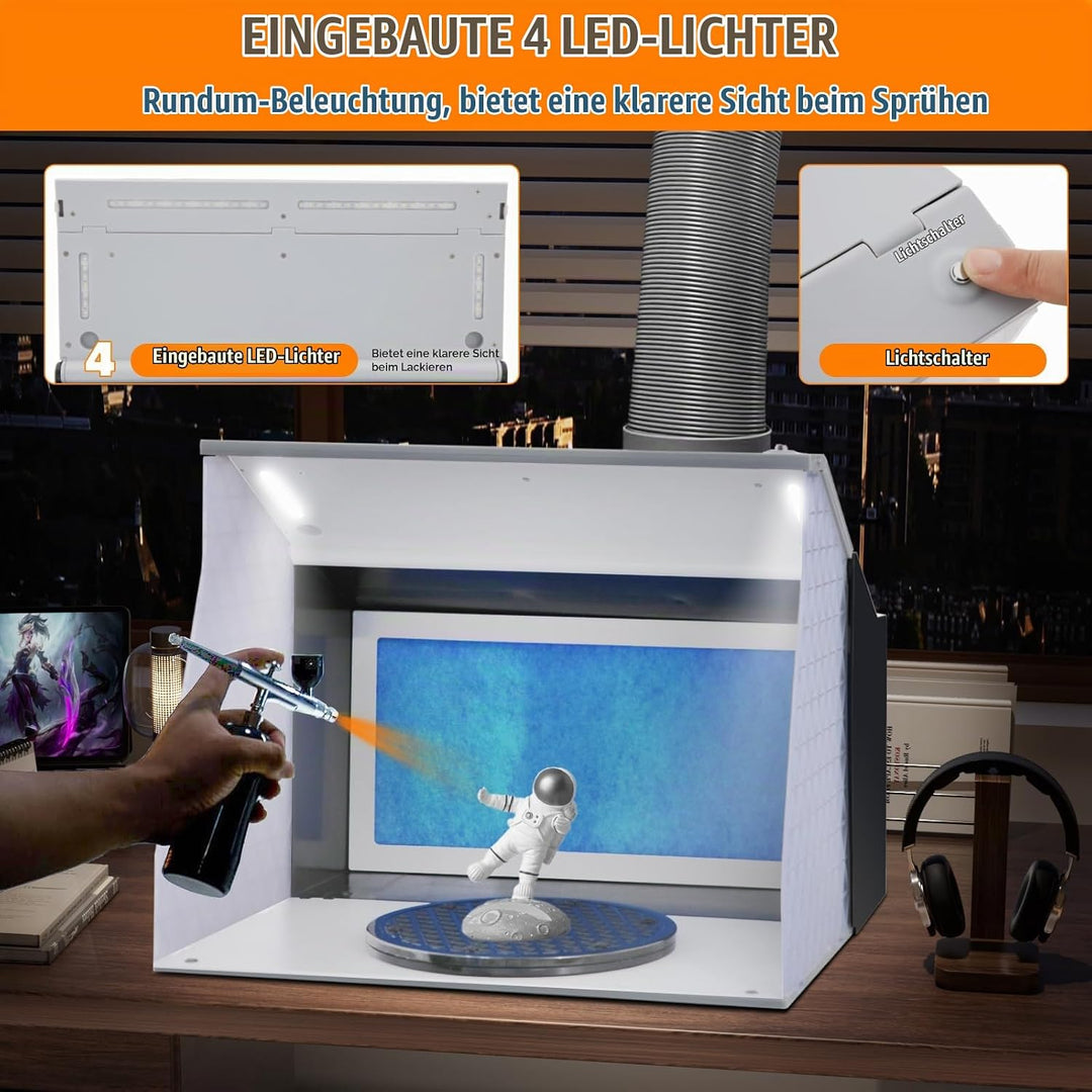 Airbrush Kabine Absauganlage 5.2m³/min, Klappbare Lackierkabine mit LED, Entlüftungsschlauch, Doppel