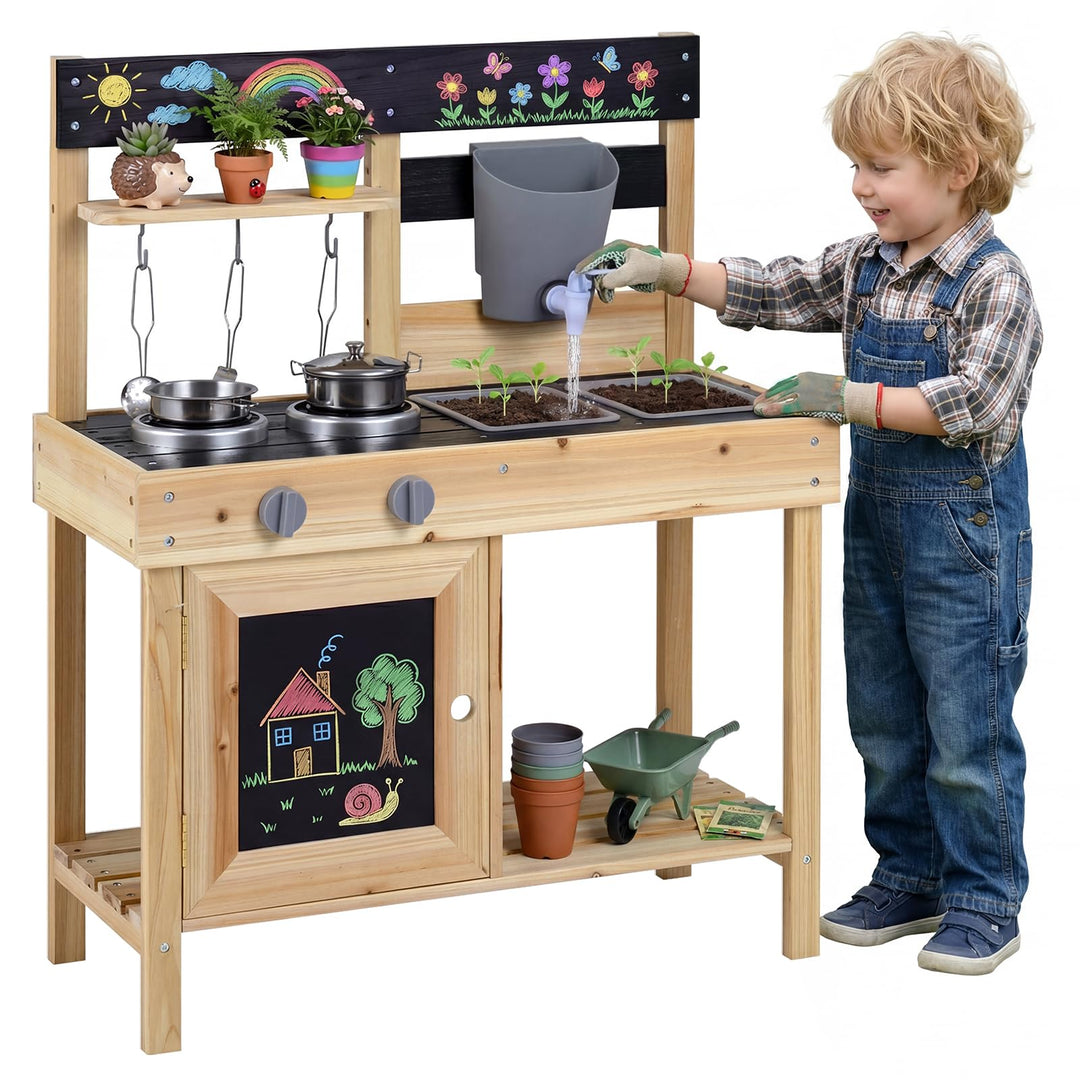 COSTWAY Matschküche Kinder Outdoor, Kinderküche Holz mit Wasserfunktion & Zubehör & Tafeln & 2 abneh