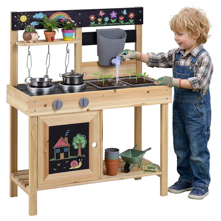 COSTWAY Matschküche Kinder Outdoor, Kinderküche Holz mit Wasserfunktion & Zubehör & Tafeln & 2 abneh