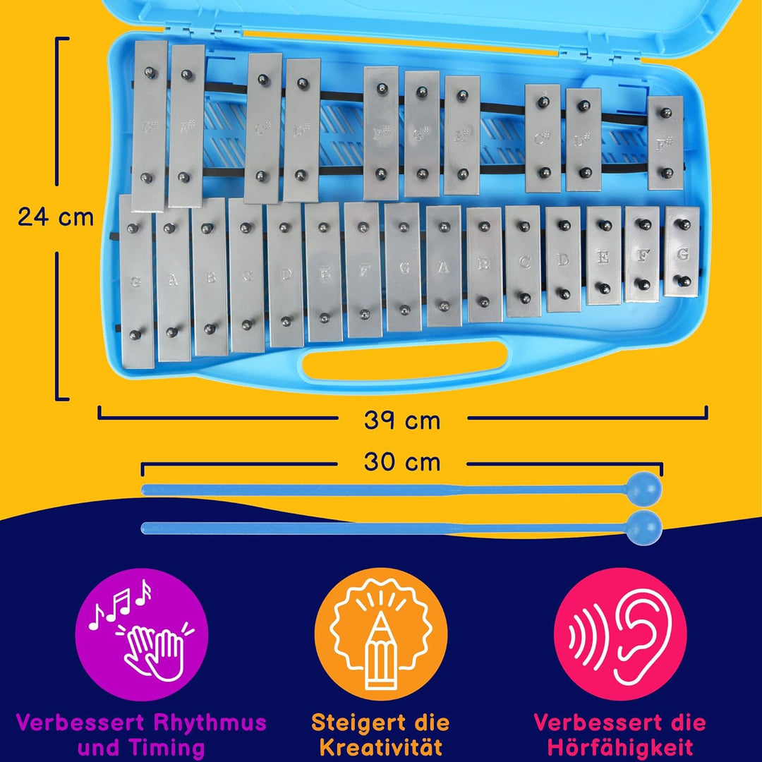 A-Star 25-Noten-Sopran-Chromatisches Glockenspiel-Xylophon im blauen Gehäuse mit silbernen Tasten un