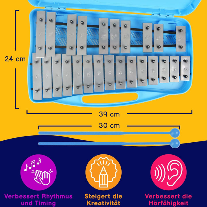 A-Star 25-Noten-Sopran-Chromatisches Glockenspiel-Xylophon im blauen Gehäuse mit silbernen Tasten un