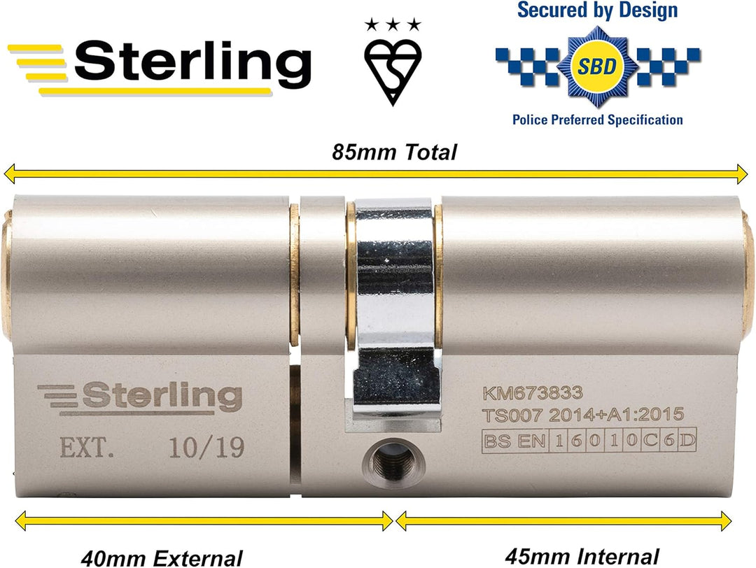 Sterling EPD4540 Türzylinder, 45 mm, 40 mm Verlängerung (80 mm), BSi TS007, 3-Sterne-Polizei-geprüft