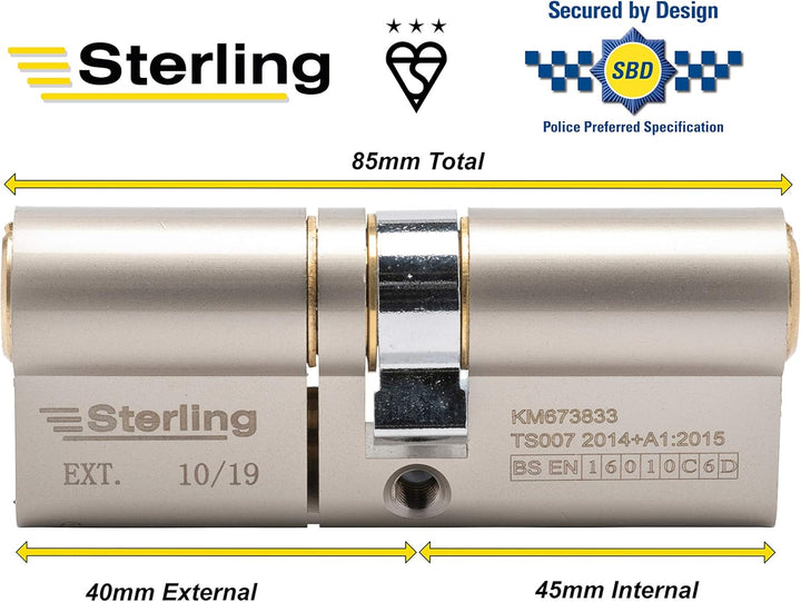 Sterling EPD4540 Türzylinder, 45 mm, 40 mm Verlängerung (80 mm), BSi TS007, 3-Sterne-Polizei-geprüft