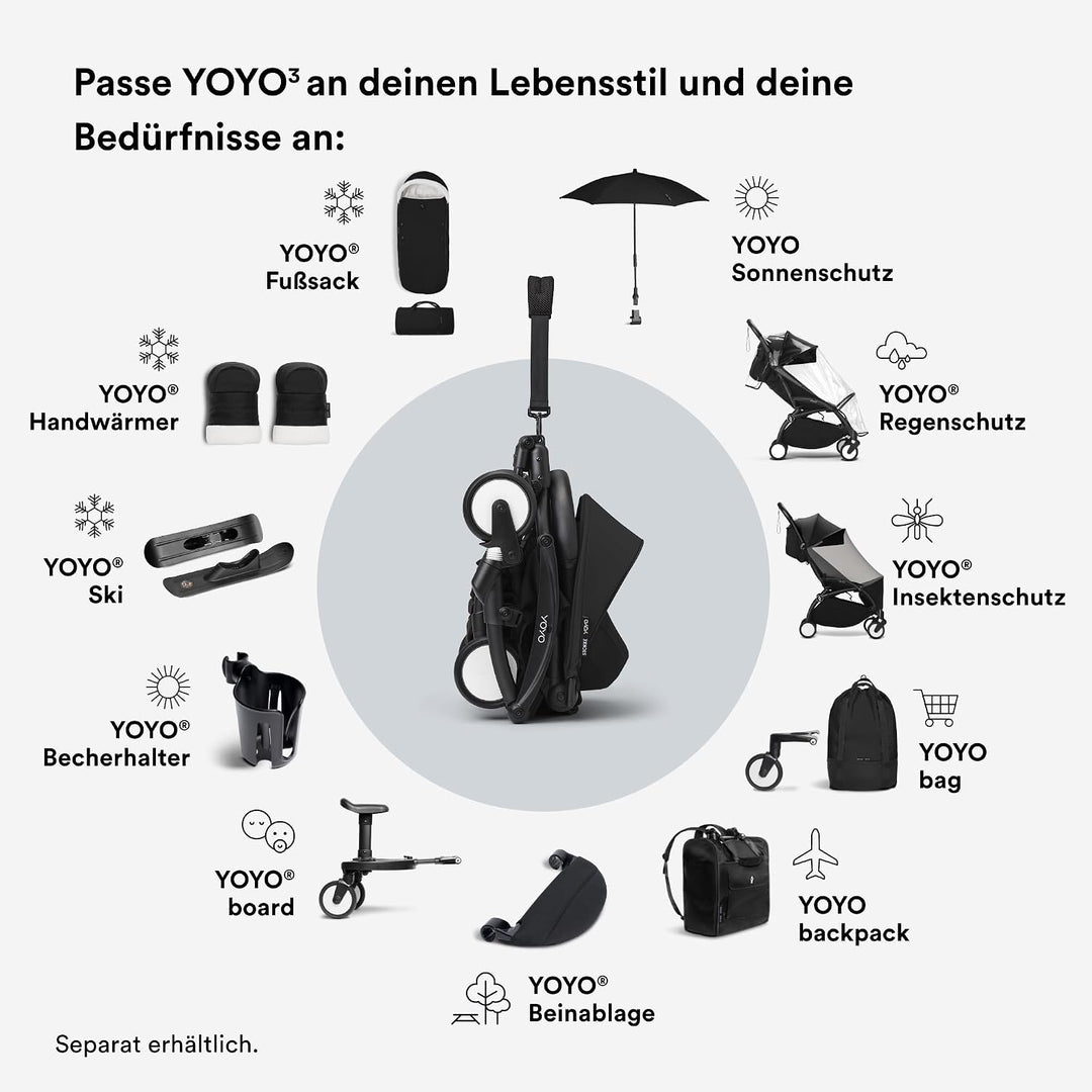 Stokke YOYO3 Kinderwagen ab 6 Monaten - Inklusive weissem Rahmen, Schwarzem Sitzkissen + Verdeck - B