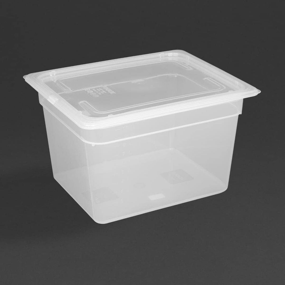 Vogue Polypropylene GN Container 1/2 with Lid 200mm (H) 11.7Ltr (Pack 4) 325(L)x265(W)x100(D)mm, 325