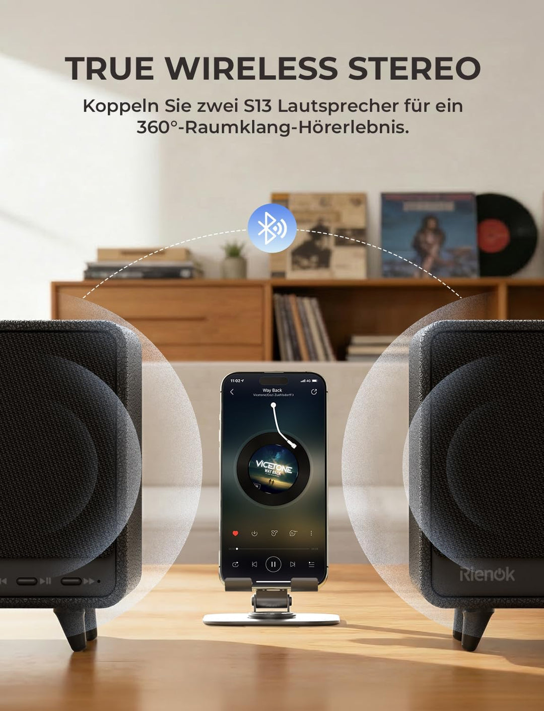 RIENOK Bluetooth Lautsprecher aus Holz, 40W Musikbox kabellos mit Holzgehäuse, 24 Std. Spielzeit kra