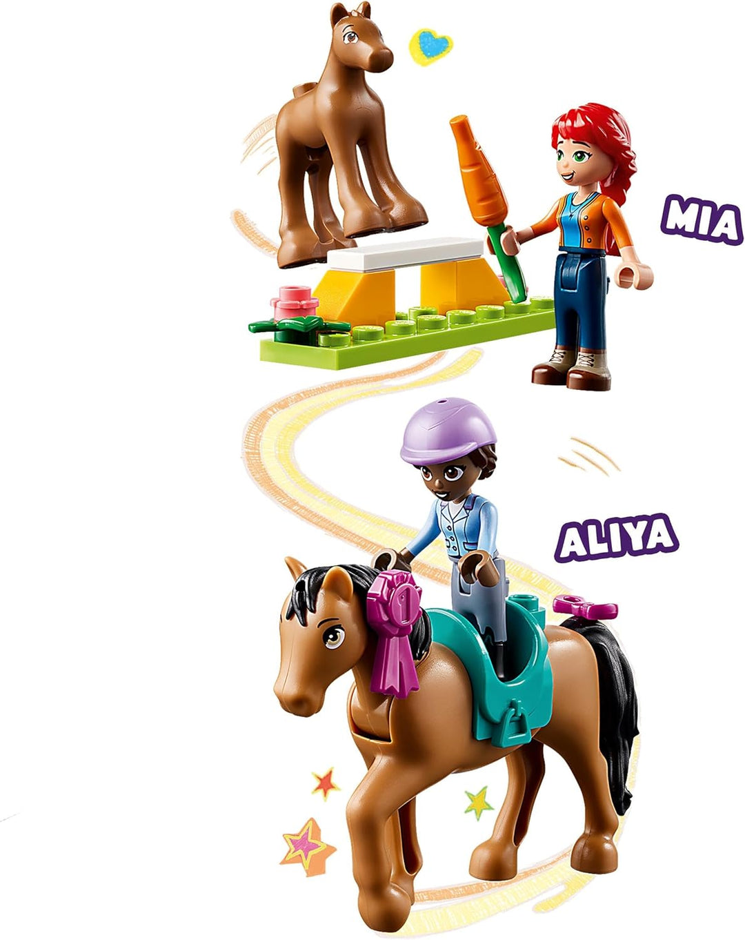 LEGO Friends Reitschule Set mit 2 Spielzeug-Pferden, Aliya und Mia Mini-Puppen, Reitstall- und Pferd