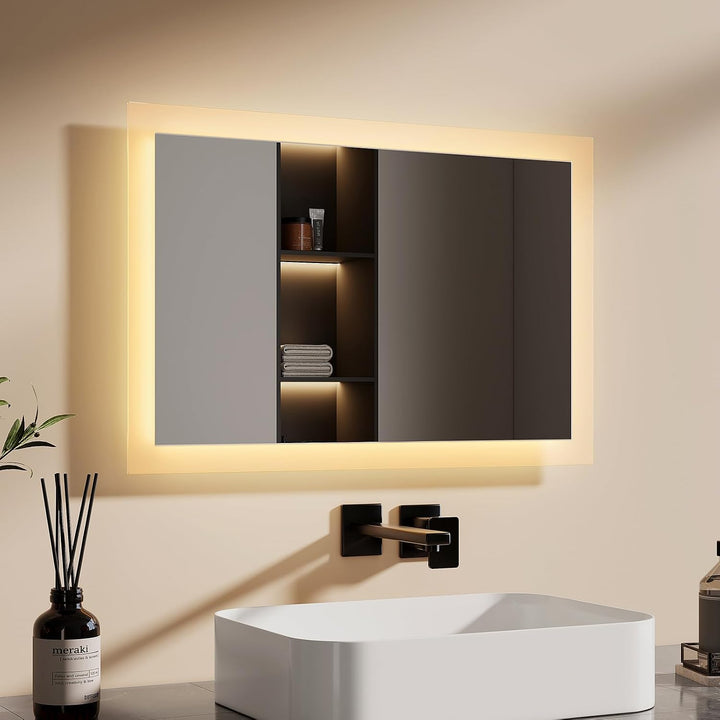 EMKE Badspiegel mit Beleuchtung 40x60cm, Badezimmerspiegel mit Warmweiss Licht 3000K, Wandschalter,