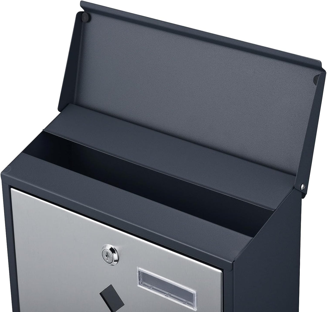Wiltec Designer Briefkasten V36 Anthrazit und Edelstahl 305 x 105 x 385 mm, Wandbriefkasten mit Schl