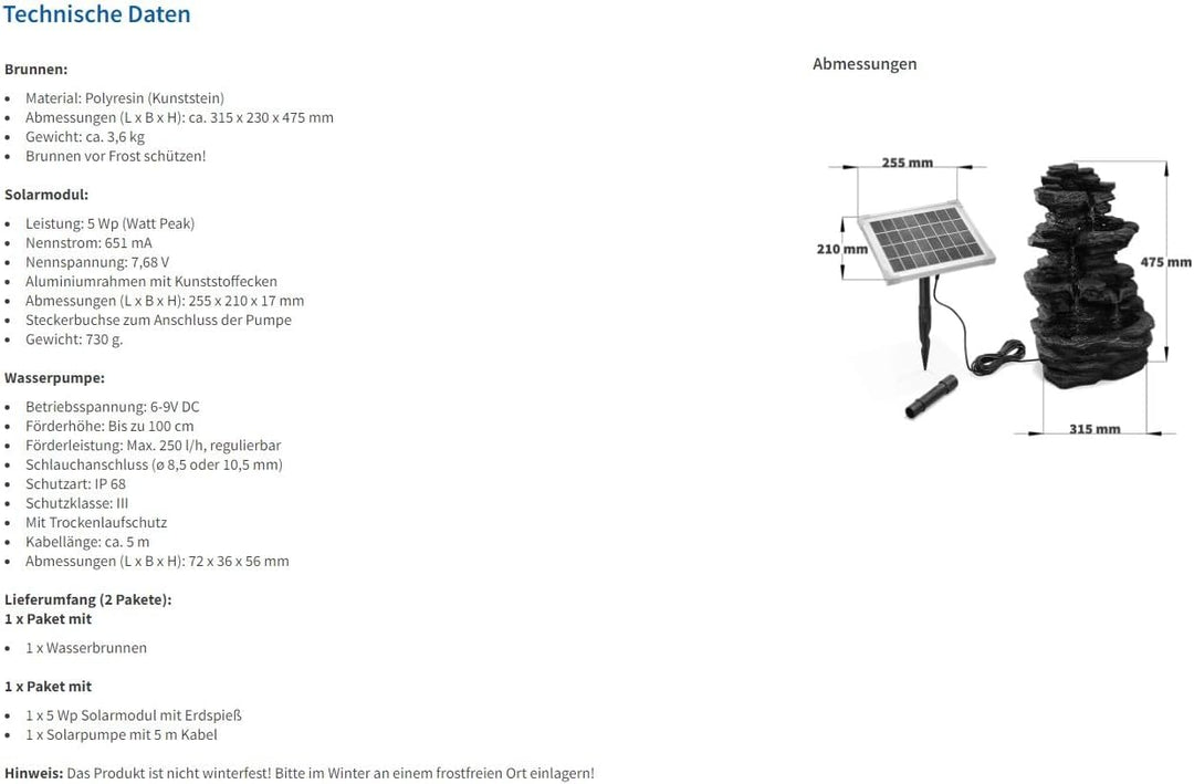 Solar Gartenbrunnen Rock Fountain - extragrosses 5 Watt Solarmodul, Solarpumpe mit Direktbetrieb - 3