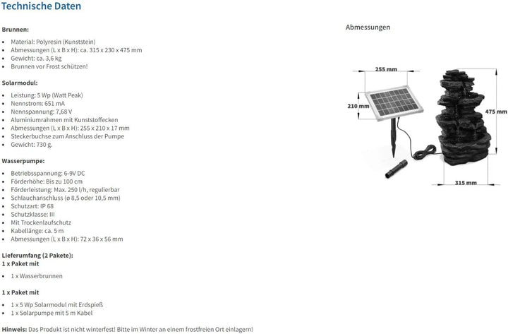 Solar Gartenbrunnen Rock Fountain - extragrosses 5 Watt Solarmodul, Solarpumpe mit Direktbetrieb - 3