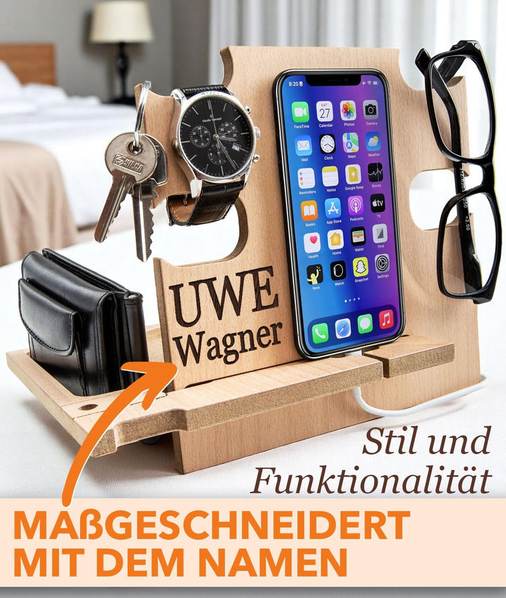 Dockingstation aus Holz, Schreibtischorganisator, Aufbewahrungshalter - Geschenkidee für Männer, Wei
