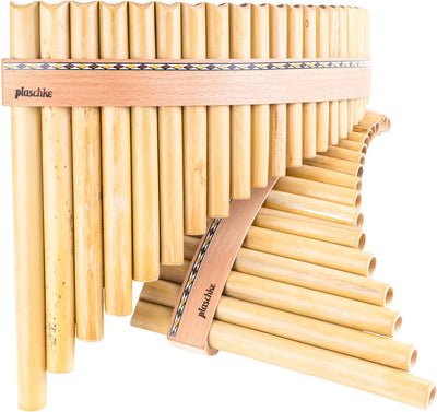 Plaschke Panflöte, Holzriemen Design, handgemacht mit Lehrbuch, 18 Rohre G-Dur 18 Tones G/Sol, 18 To