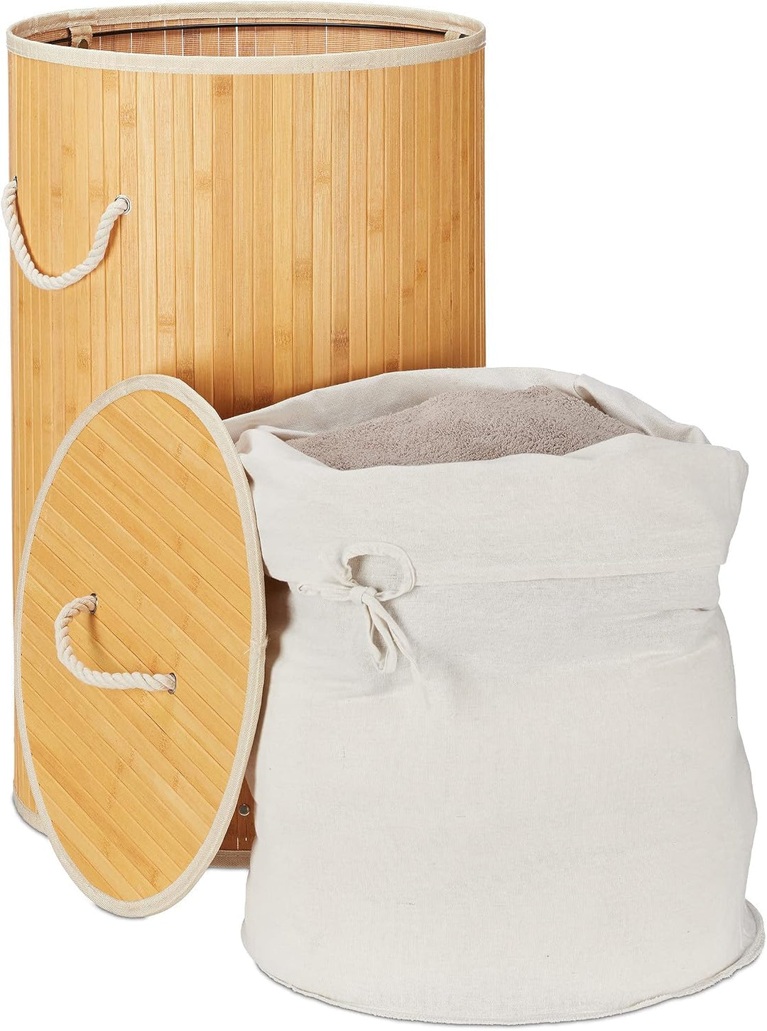 Relaxdays Wäschekorb Bambus, Faltbare Wäschetonne mit Deckel, Volumen 70l, Wäschesack Baumwolle, run