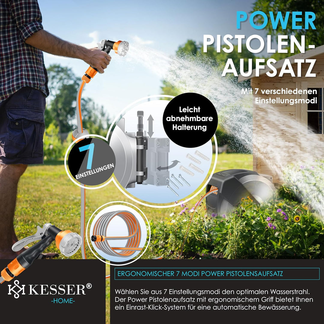 KESSER® Schlauchtrommel mit Gartenschlauch 15m | Wasserschlauchtrommel zur Wandmontage | Wandhalteru