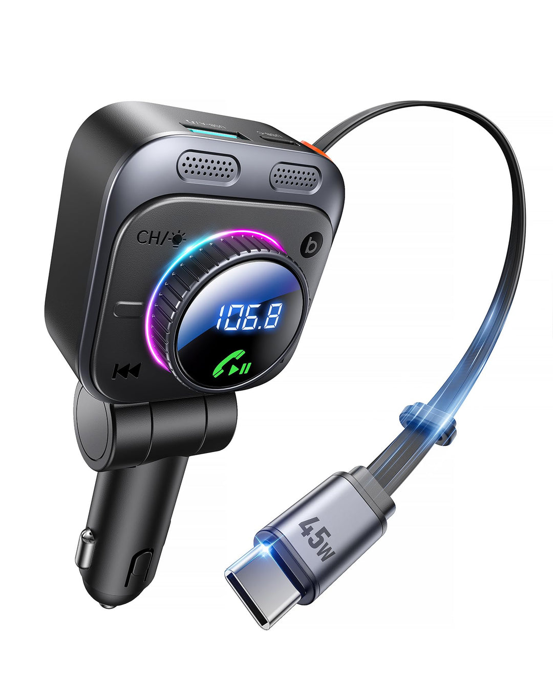 LENCENT 72W FM Transmitter Auto Bluetooth 5.4, Bluetooth Adapter Auto mit ausziehbarem Ladekabel, Zi