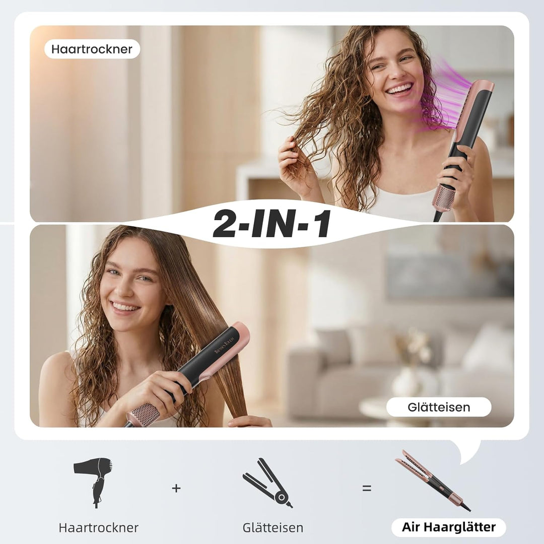 Airstraight Glätteisen mit Föhn, Ionen Air Haarglätter, Keine Hitzeschäden, Keine Heissen Platten, 1