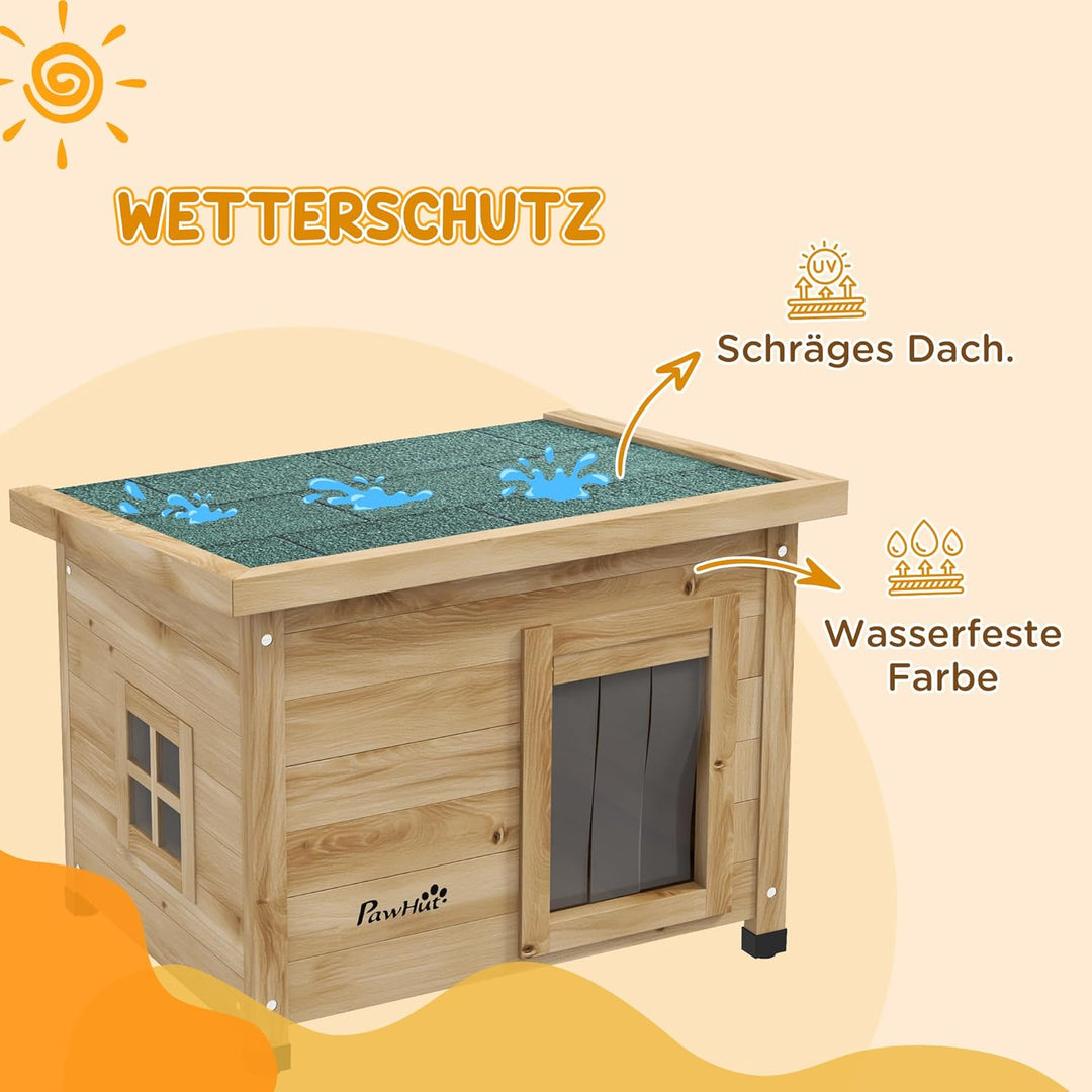 PawHut Katzenhaus aus Holz Winterfest wasserdicht Katzenhütte mit Asphaltdach Fenster Türvorhang Erh