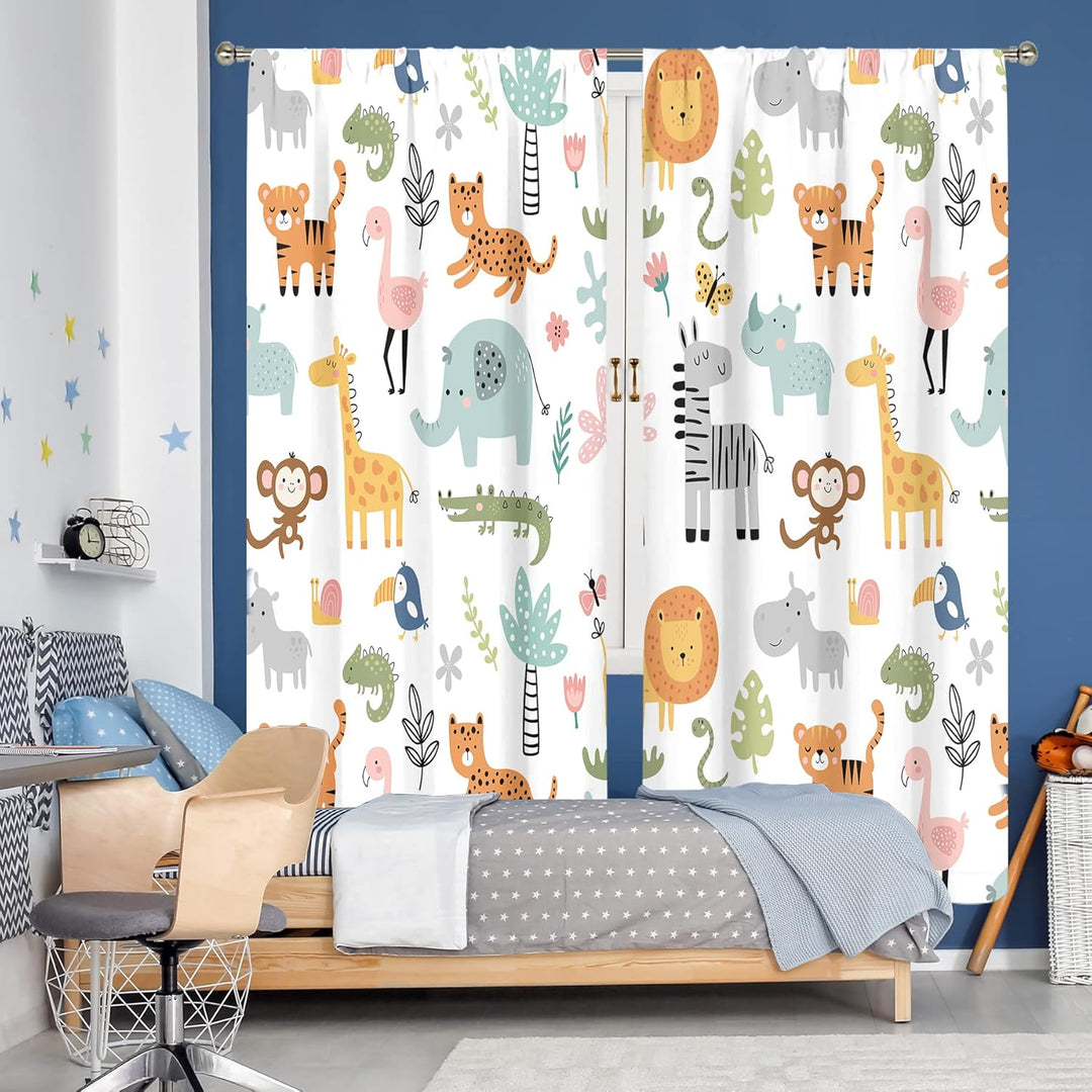 MESHELLY Cartoon-Safari-Dschungel-Tier-Vorhänge, 107x160 cm, Stangentasche, Wald, Wildtiere, Schlafz