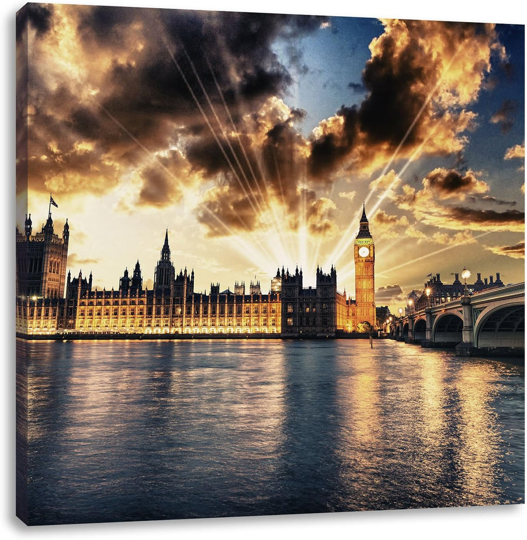 Big Ben am Abend, Format: 70x70 auf Leinwand, XXL riesige Bilder fertig gerahmt mit Keilrahmen, Kuns