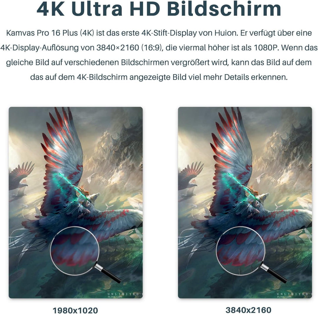 HUION Kamvas Pro 16 Plus (4K), 15,6 Zoll Grafiktablett mit Display, volllaminierter entspiegelter Gl