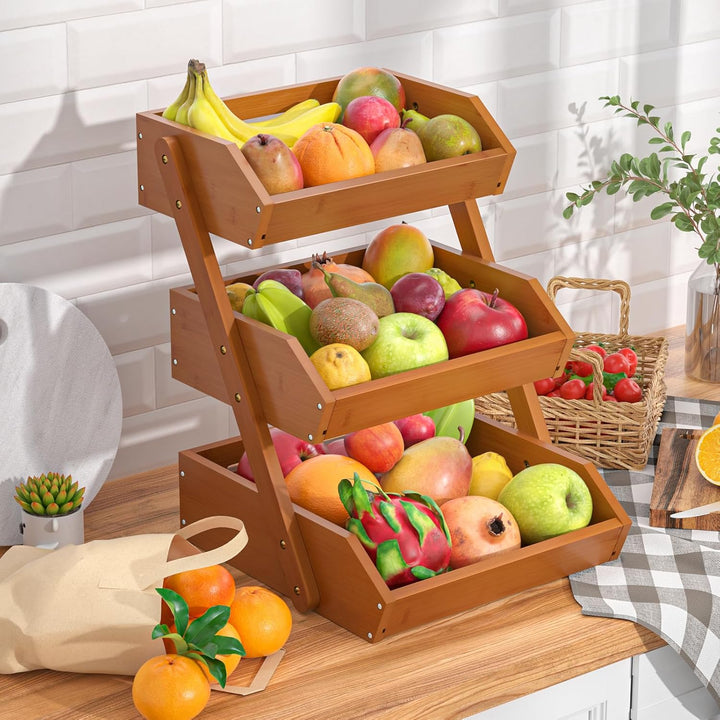 Obstkorb Bambus, 3-stufiger Obst und Gemüse Aufbewahrung Obstschale, Perfekt für Küchenarbeitsplatte