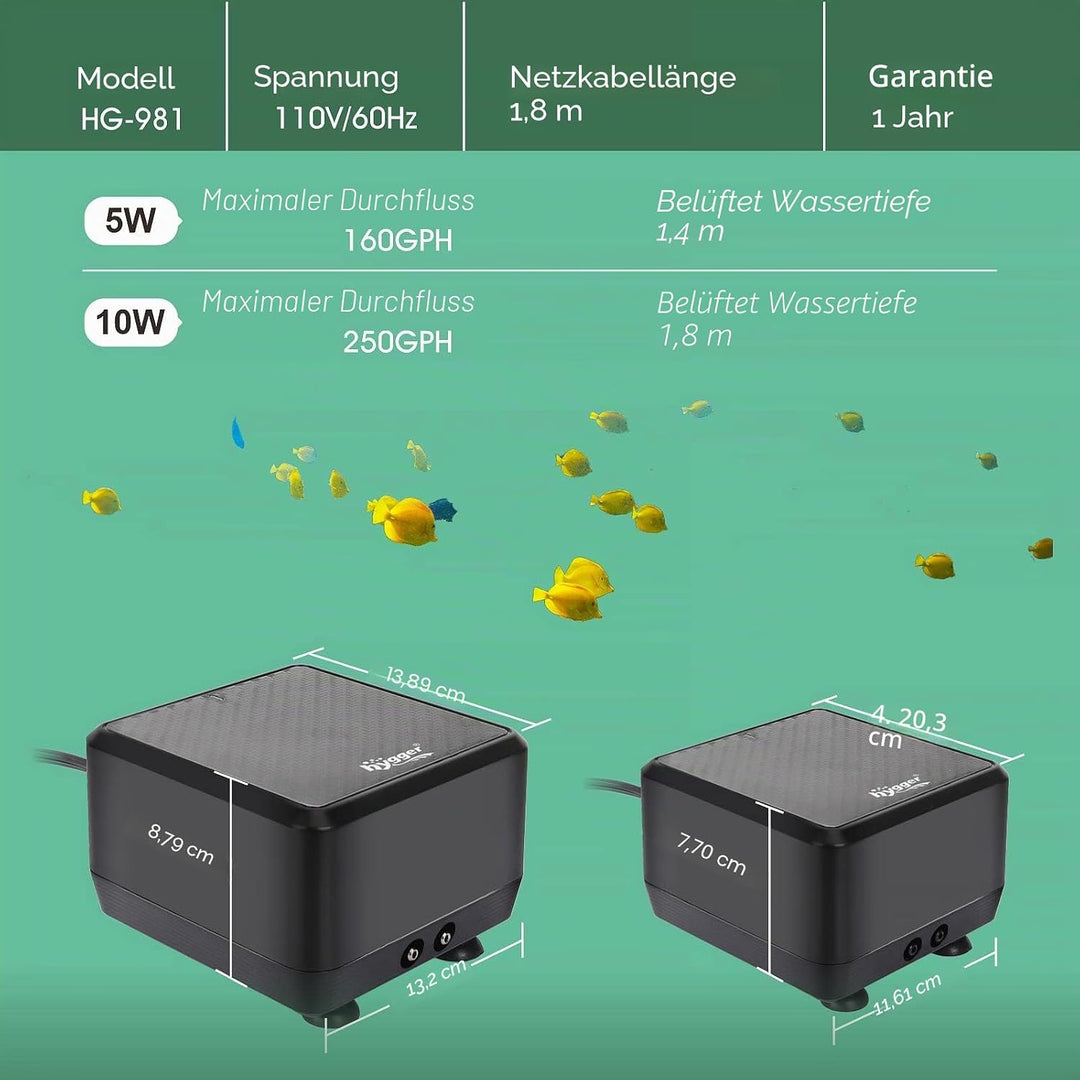hygger Leiseste Aquarium Luftpumpe, regelbare Sauerstoffpumpe 2 Luftauslässe 5W/10W Ultra Leise Leis
