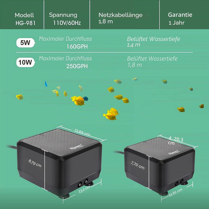 hygger Leiseste Aquarium Luftpumpe, regelbare Sauerstoffpumpe 2 Luftauslässe 5W/10W Ultra Leise Leis