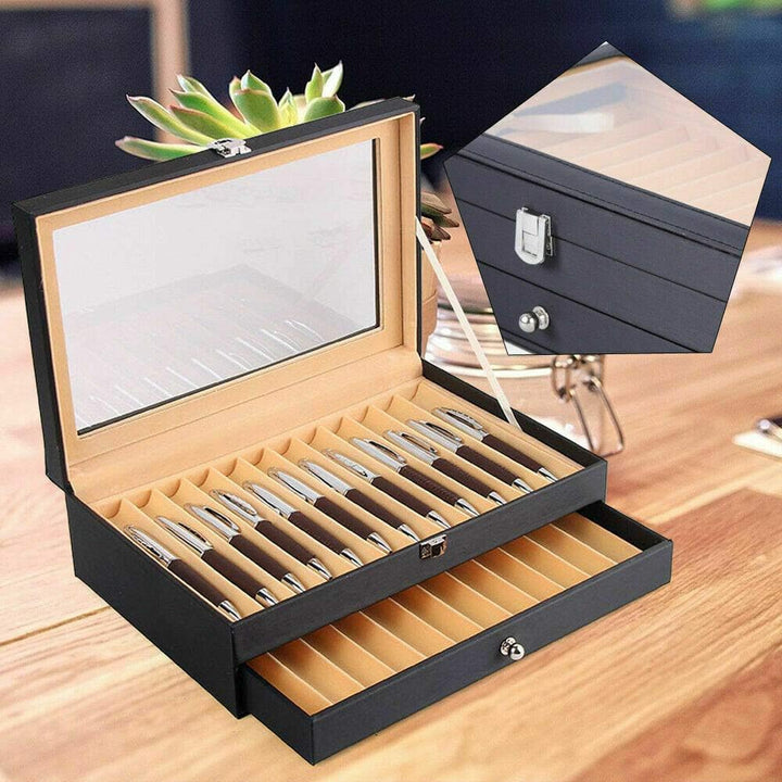 WindWilder Stifthalterbox mit vitrine für 24 Stifte, Schwarz Pen Display Box mit Anzeigefenster, Sti
