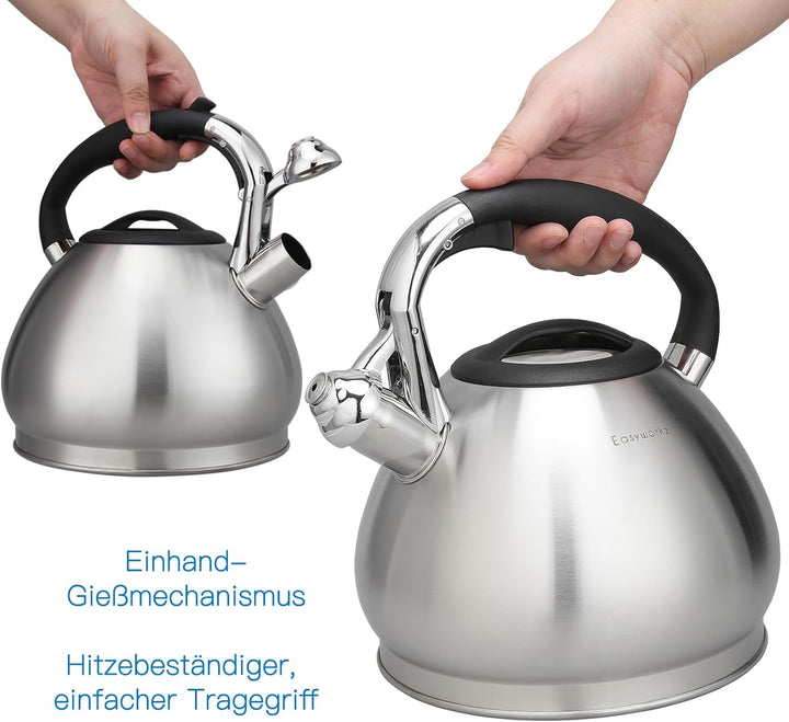 Easyworkz Wasserkessel Induktion Pfeifkessel aus Edelstahl, 2,3 l Teekessel für alle Kochplatten, Fl