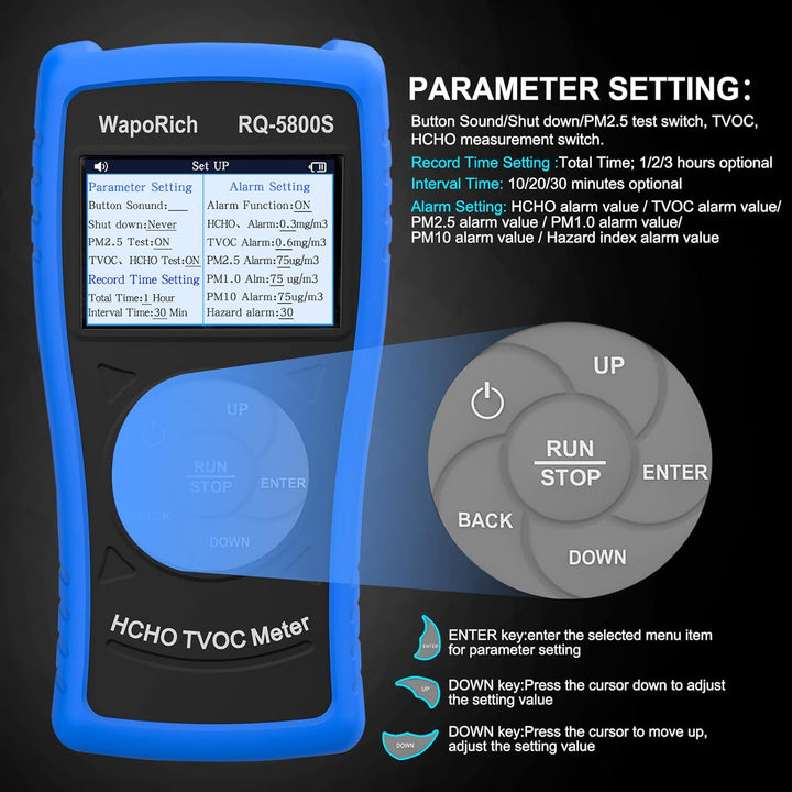 3-in-1-Luftqualitätsmonitor RQ-5800S, Formaldehyd-Detektor, TVOC, HCHO-Monitor zum Testen von PM2,5,
