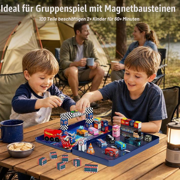 Magnetische Bausteine Rennsport Reiseset Jungen: 100PCS für Gruppen-Spiel | Reisespiele Magnetspielz