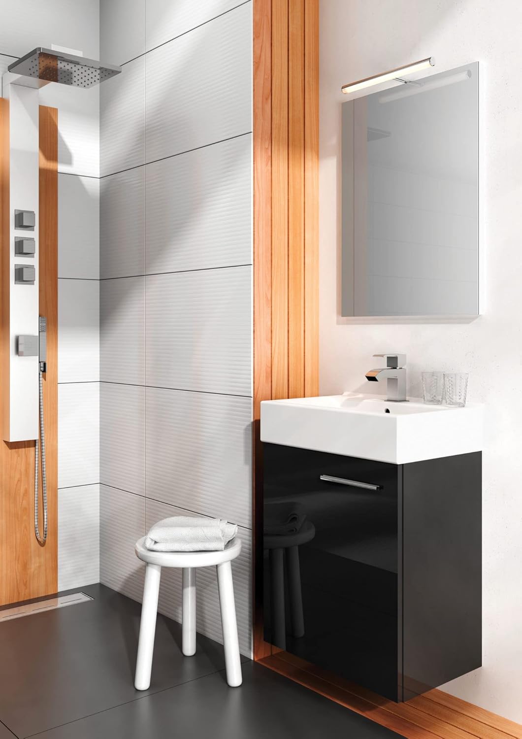 VBChome Badmöbel Set 45 cm Schwarz Waschbecken mit Hängeschrank Weiss mit Armantur Schwarz Waschtisc