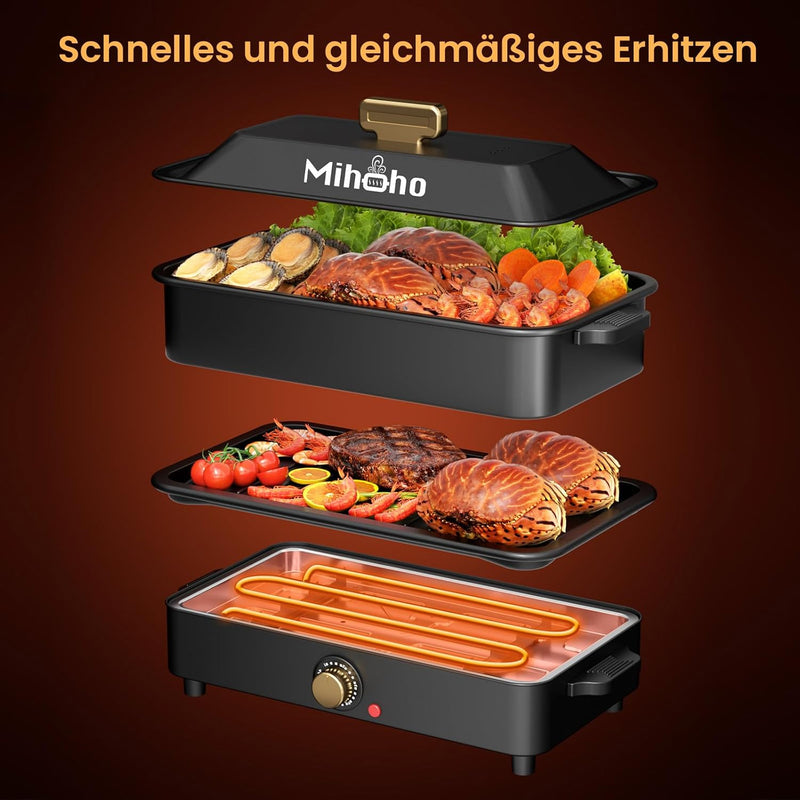 Elektrische Fertigkeit für Grill und Hotpot mit Tragetasche, 1400W,2-in-1 Multifunktionspfanne Elekt