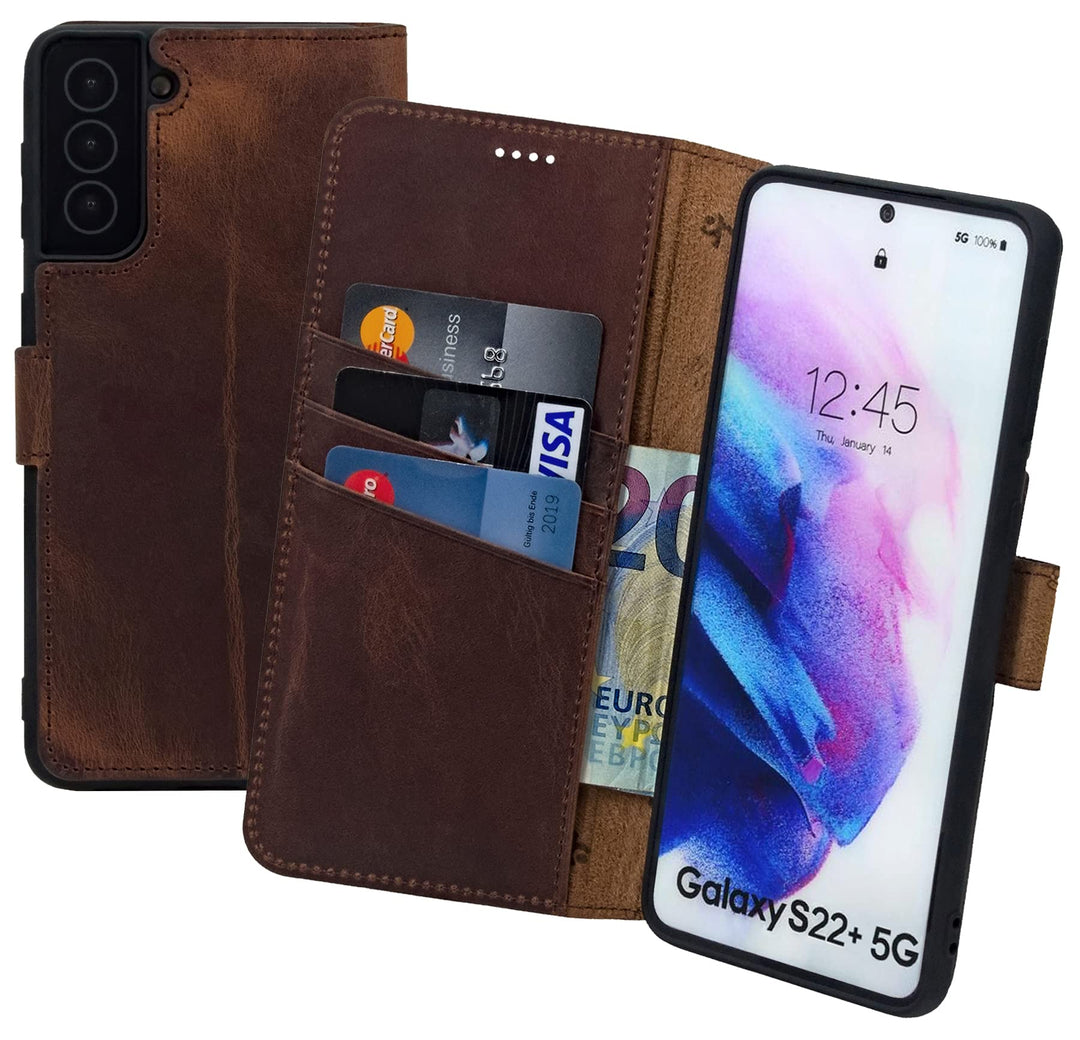 Suncase Book-Style Hülle kompatibel mit Samsung Galaxy S22 Plus 5G Leder Tasche (Slim-Fit) Lederhüll