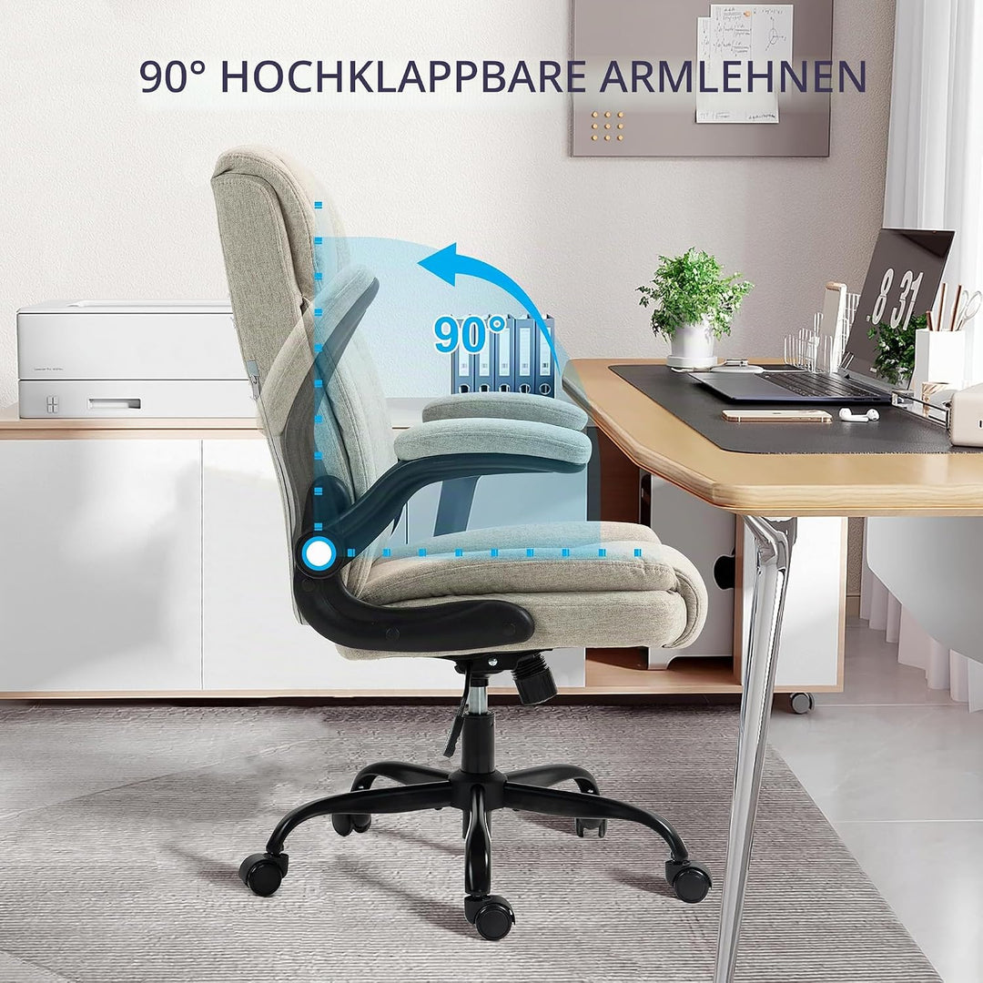Bürostuhl Ergonomischer Computerstuhl 150KG Belastbarkeit Chefsessel Stoff Flip-up Armlehnen/110° Wi