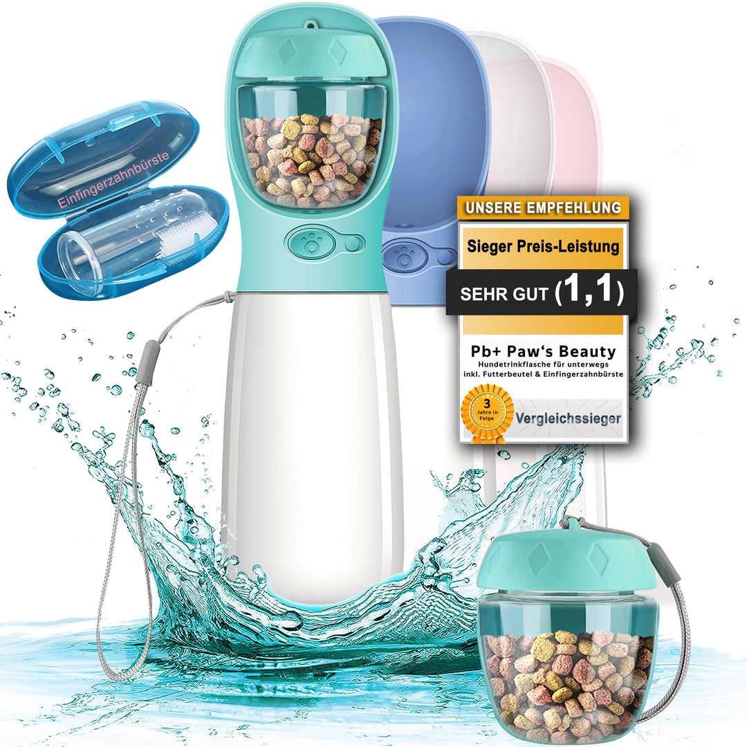 NEU 3er GESCHENKESET | Innovative 550ml Hundetrinkflasche für unterwegs | inkl. Futterbehälter & Zah