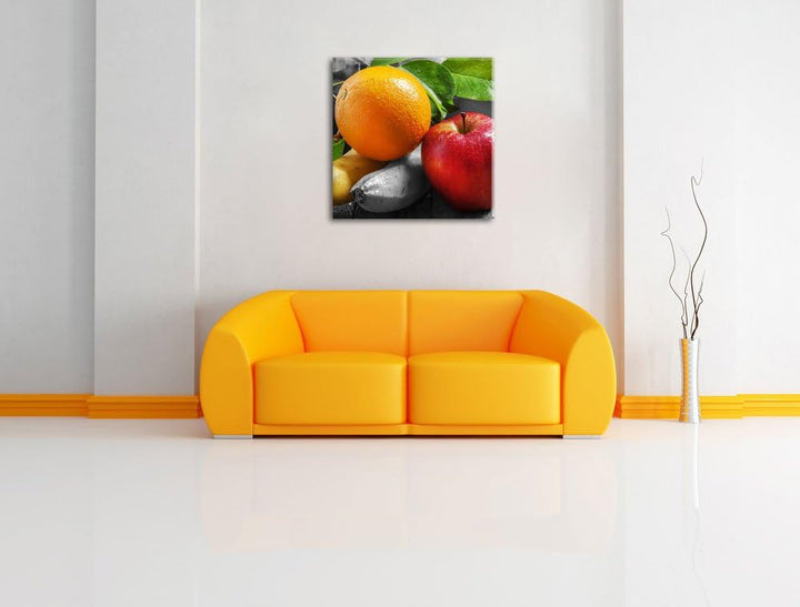 Pixxprint Apfel Banane Orange und Co. schwarz/weiss, Format: 70x70 als Leinwandbild, 70x70